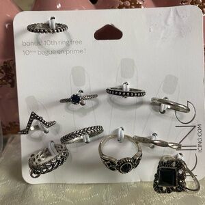 Icing Silvertone and Black 10 Ring Set Varying Sizes